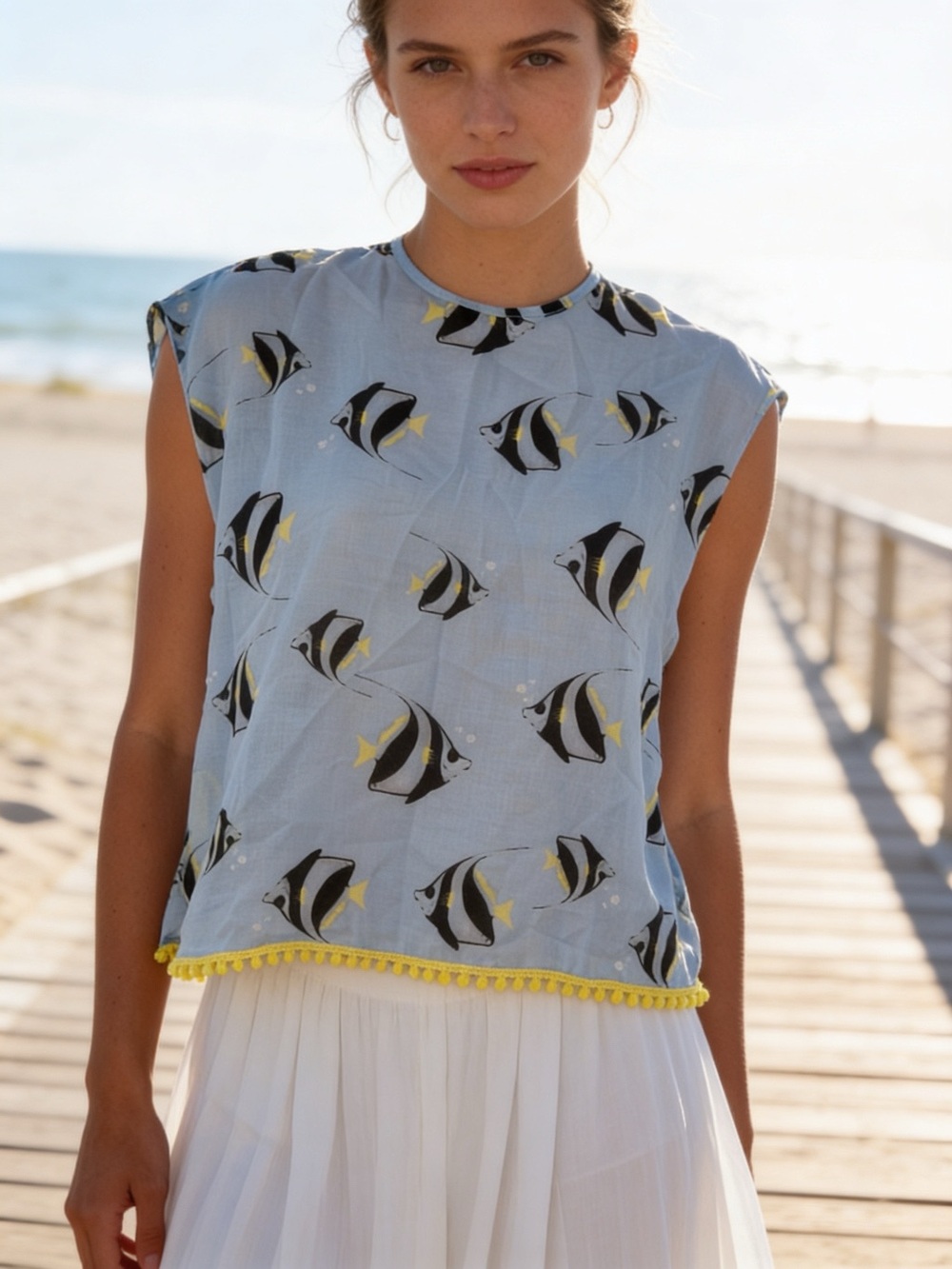 NWT DOT Australia Fish Print Pom Pom Beach Cover Up Top One Size